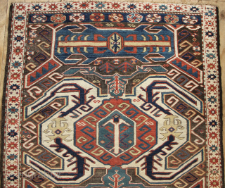 Late 19th century Lenkoran, Caucasus, 128 x 282cm / 4'3" x 9'3" 
Corroded black field has been re-wefted amateurishly but adequately, in places. Ends secured and floor ready. All natural dyes.  