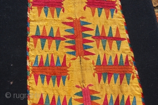 Delightful Yellow silk Chyrpy sleeve fragment, mounted. Frame 13" (at widest point) x 38"                   