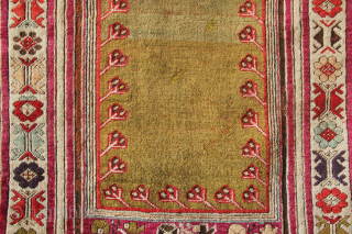 Antique Kirsehir prayer rug circa 1850. In decent pile with a few old repairs, corrosion to black. Would respond well to a deep clean. 3'8" x 5'11" / 112 x 181cm  