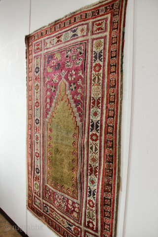 Antique Kirsehir prayer rug circa 1850. In decent pile with a few old repairs, corrosion to black. Would respond well to a deep clean. 3'8" x 5'11" / 112 x 181cm  