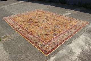Golden field and turquoise border antique Mahal carpet approx 9 x 12 in good condition showing light wear.               