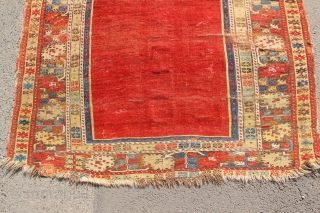 Early Ladik prayer rug in 'as found' condition- old repairs, very dirty.3'7" x 5'1"                   