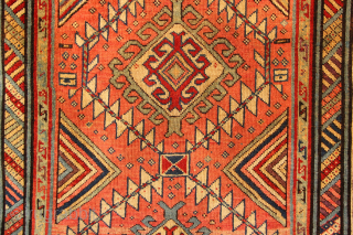 Fine 19th century Shirvan small rug with unusual and beautiful colours. Professionally restored. 101 x 145cm / 3'4" x 4'9"