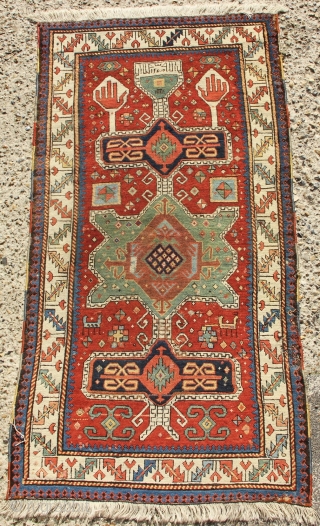 Mid 19th century Kazak prayer rug, inscribed 'Allah' twice in the prayer arch, with date 1268 or 1851- thank you to those who wrote to inform me!  Superb colour. Old repairs,  ...