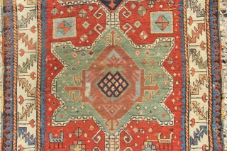 Mid 19th century Kazak prayer rug, inscribed 'Allah' twice in the prayer arch, with date 1268 or 1851- thank you to those who wrote to inform me!  Superb colour. Old repairs,  ...
