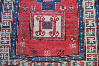 Really superb Karachopf Kazak circa 1840, in full pile, minimal old repair, and new overboard sides. Has the sweetest shade of pink-red. Also noteworthy is the successful border resolution. Have you ever  ...