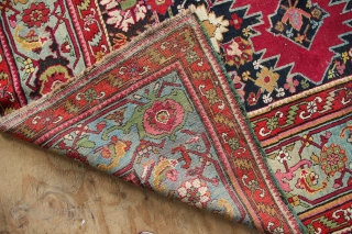 19th century Karabagh Kelleh with cochineal ground colour and marvelously abrashed light blue border. 7' x 20'6" In low pile with minor areas of repiling. Beautiful carpet!      