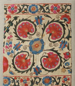 Mid 19th century Nurata Suzani fragment, beautifully mounted.
39 x 95cm / 1'3" x 3'1"                   