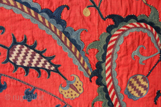 Mid 19th century Shahrisabz nim suzani with prayer arch. Superb embroidery work. Currently mounted onto a board which I will remove when sold.
3'9" x 4'7" / 114 x 140cm    