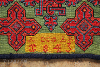 Vibrantly coloured Swedish cross-stitch pillow cover, dated 1843. 3'9" x 1'9" / 114 x 53cm                  