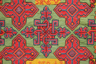 Vibrantly coloured Swedish cross-stitch pillow cover, dated 1843. 3'9" x 1'9" / 114 x 53cm                  