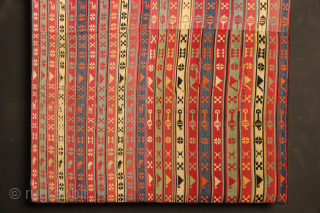 Mid 19th century Silk Jajim fragment, professionally mounted. size approximately 59 x 84cm / 2'0" x 2'9"                