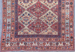 Lovely antique Afshar rug with abrashed sky blue border packed with animals. Evenly worn, clean and ready for your floor. 5'3" x 8'0"          