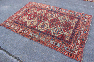 Lovely antique Afshar rug with abrashed sky blue border packed with animals. Evenly worn, clean and ready for your floor. 5'3" x 8'0"          