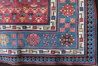 Talish area Caucasian rug dated 1879. In showroom condition (ie minor restoration) there is even low pile allover, and warm, attractive colour, particularly the abrashed green border. 4'1" x 7'10"   