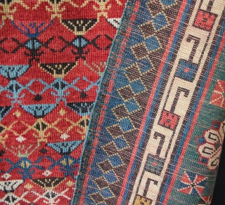 Talish area Caucasian rug dated 1879. In showroom condition (ie minor restoration) there is even low pile allover, and warm, attractive colour, particularly the abrashed green border. 4'1" x 7'10"   