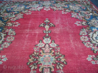 ok this is an nice old handmade kerman rug i believe 1920's or 30's .
nice rug does have wear in field of rug . 

rug size is 6ft 8in x 3ft 9  ...