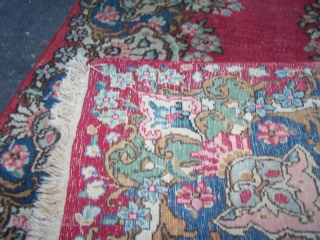 ok this is an nice old handmade kerman rug i believe 1920's or 30's .
nice rug does have wear in field of rug . 

rug size is 6ft 8in x 3ft 9  ...