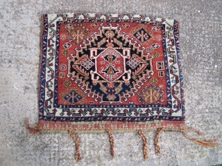 Qashqa'i bag, pretty rust-red madder ground with central hooked diamond and ivory main border; top of pile section folds over to reverse side (see second image), natural colours in pile but some  ...