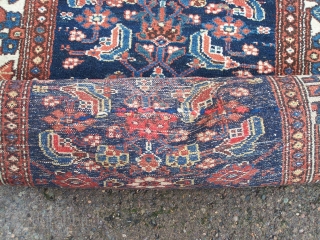 Kurdish runner, blue field displaying pleasing wool batch colour change arbrash effect decorated with the herati design, ivory framing main border, single woolen wefts, c1920s/1930s (80 years old approx) 395 x 107cm;  ...