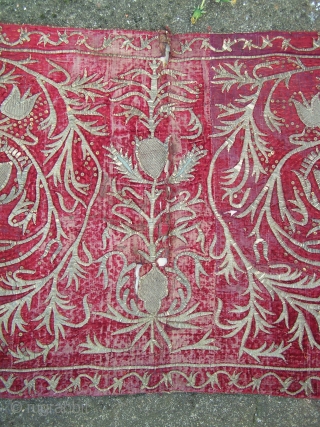 17th.century Ottoman velvet panel, with embroidered silver-thread decoration, numerous later sequins added (sequins sewn with slightly orange-pink thread which can be removed without much trouble) some cracking to fabric especially in vertical  ...