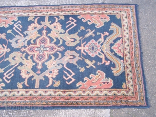 Ushak Oushak rug, fairly 'late' example with blue ground, some wear, some colour fading.                   