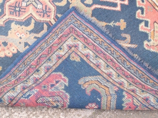 Ushak Oushak rug, fairly 'late' example with blue ground, some wear, some colour fading.                   