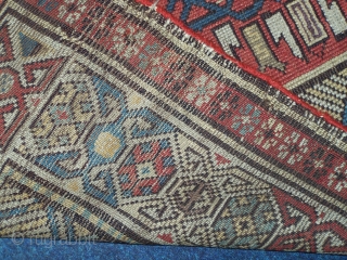 Turkish or West Caucasian long rug, not quite sure which, allover low pile with foundation showing in places, small patch, sides replaced, 19th.century, 265 x 129/138cm (lightly wider at one end than  ...