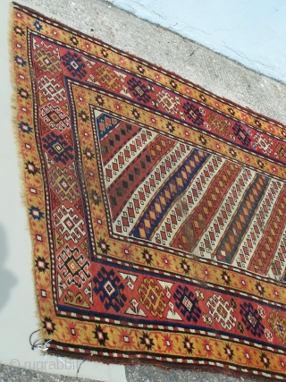 Karabagh rug, beautifully balanced colour palette with vivid use of 'saffron' yellow, 2nd half of 19th.century; the weave is finer than most I've seen, general wear- especially at top an bottom ends  ...