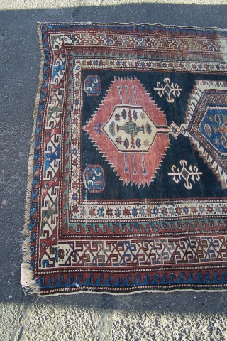 Shirvan rug, natural colours but chemically washed, general wear + band of wear (floorboard) down to foundation across centre, sides and ends are presentable, 183 x 150cm      