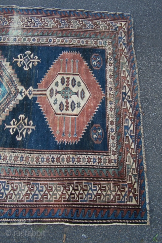 Shirvan rug, natural colours but chemically washed, general wear + band of wear (floorboard) down to foundation across centre, sides and ends are presentable, 183 x 150cm      