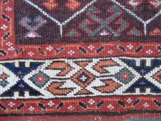 Belouch 2' 11" x 5' 8".

Not sure how to identify this one.  It has elements of both Belouch and Kurdish (Quchan?) weaving.  Low-ish even pile, ends are intact, with one  ...