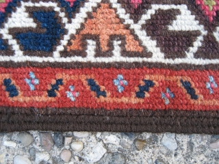 Belouch 2' 11" x 5' 8".

Not sure how to identify this one.  It has elements of both Belouch and Kurdish (Quchan?) weaving.  Low-ish even pile, ends are intact, with one  ...