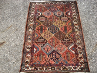 Bahktiari rug 4' 6" x 6' 10" with an unusual color palette.
Low even pile all over.  This rug was restored about 10 years ago by Woven Legends Restorations.  There was  ...