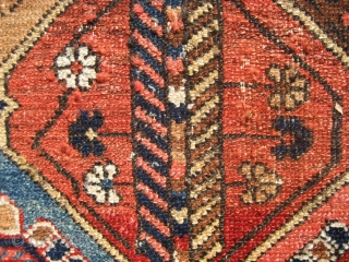 Bahktiari rug 4' 6" x 6' 10" with an unusual color palette.
Low even pile all over.  This rug was restored about 10 years ago by Woven Legends Restorations.  There was  ...