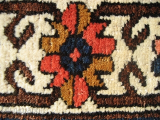 Bahktiari rug 4' 6" x 6' 10" with an unusual color palette.
Low even pile all over.  This rug was restored about 10 years ago by Woven Legends Restorations.  There was  ...