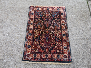 Sarouk Mat 19" x 28" Blue Ground 

Circa 1930's?  Good pile but missing outer blue guard border at one end.  It is washed, secured, and ready for use.  Will  ...