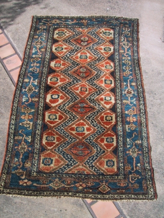 Kurdish rug, 3' 3" x 5' 5", probably circa 1930, maybe earlier.  Thick fluffy pile all over.  There is a very small nick on one end as shown in photos.  ...