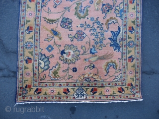 Tabriz or Sarouk mat with signature cartouche.  Size 2' 9" x 4' 1", probably circa 1920's.  Beautifully drawn with a pastel color palette.  The main field ground is less  ...