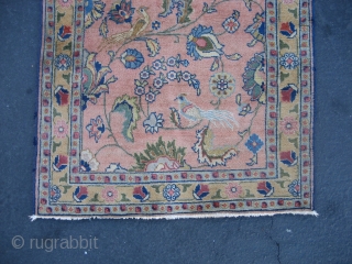 Tabriz or Sarouk mat with signature cartouche.  Size 2' 9" x 4' 1", probably circa 1920's.  Beautifully drawn with a pastel color palette.  The main field ground is less  ...