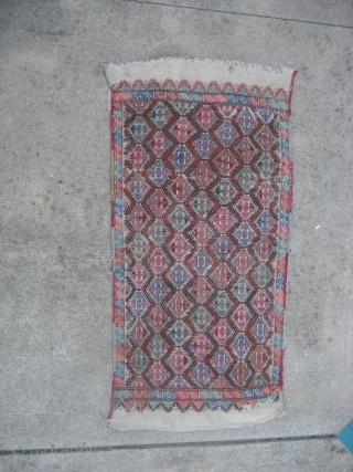 Anatolian Soumak Grain Bag Face.  Size 20" x 41".  Good condition with large kelims at both ends.  one kelim end could use stopping.  Edges in good condition, needing  ...