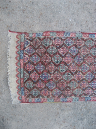 Anatolian Soumak Grain Bag Face.  Size 20" x 41".  Good condition with large kelims at both ends.  one kelim end could use stopping.  Edges in good condition, needing  ...