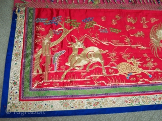 Early 19th Century Chinese Gold Thread Embroidery Tapestry - Rare, Unique animal design with cranes and deer. Width 23" Length 94" in excellent condition.         