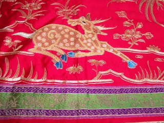Early 19th Century Chinese Gold Thread Embroidery Tapestry - Rare, Unique animal design with cranes and deer. Width 23" Length 94" in excellent condition.         