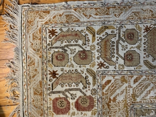 Turkish Bandirma Ca 1900-10

Fantastic original condition with no holes, tears, repairs.  Selvages completely intact.  Yes it IS a Bandirma despite apple border hinting Gordes.

       