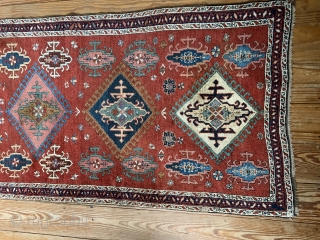 Very nice and unusual Yalameh.

SOFT handle, high quality wool!

Very small loss at one corner pictured.  Otherwise, in excellent condition with no holes, rips, tears or repairs.

8’4”x3’2”

      