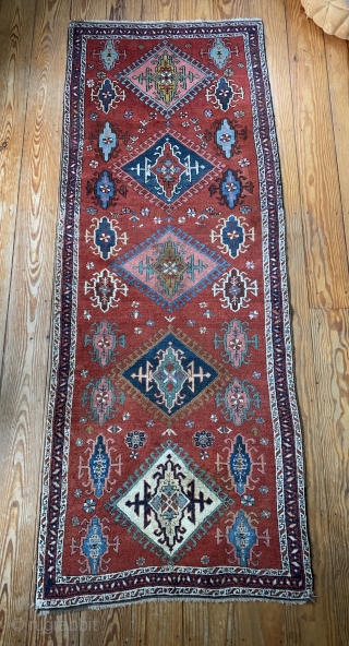 Very nice and unusual Yalameh.

SOFT handle, high quality wool!

Very small loss at one corner pictured.  Otherwise, in excellent condition with no holes, rips, tears or repairs.

8’4”x3’2”

      