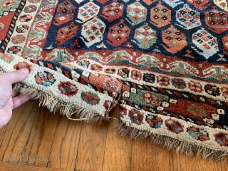 Botehs for days and days on this brightly colored 19th Ca Luri rug!

Measuring 7'10"x3'9" the rug shows signs of wear in some areas.  Repairs to selvages only.  Tear in one  ...