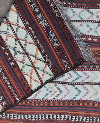 Two Uzbek kilims. The one on the bottom in the main picture is 55x69in. It has a slight stain on one end. Otherwise in excellent condition with good colors, patina and a  ...