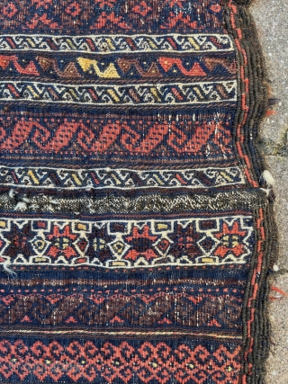 Baluch Spindle Bag. 18"x18" Opened, but complete bag. Mixed technique, weft substation, kilim, and sumac. Minor wear along strip where bag was originally folded and one small repair. See last 2 pictures.  ...